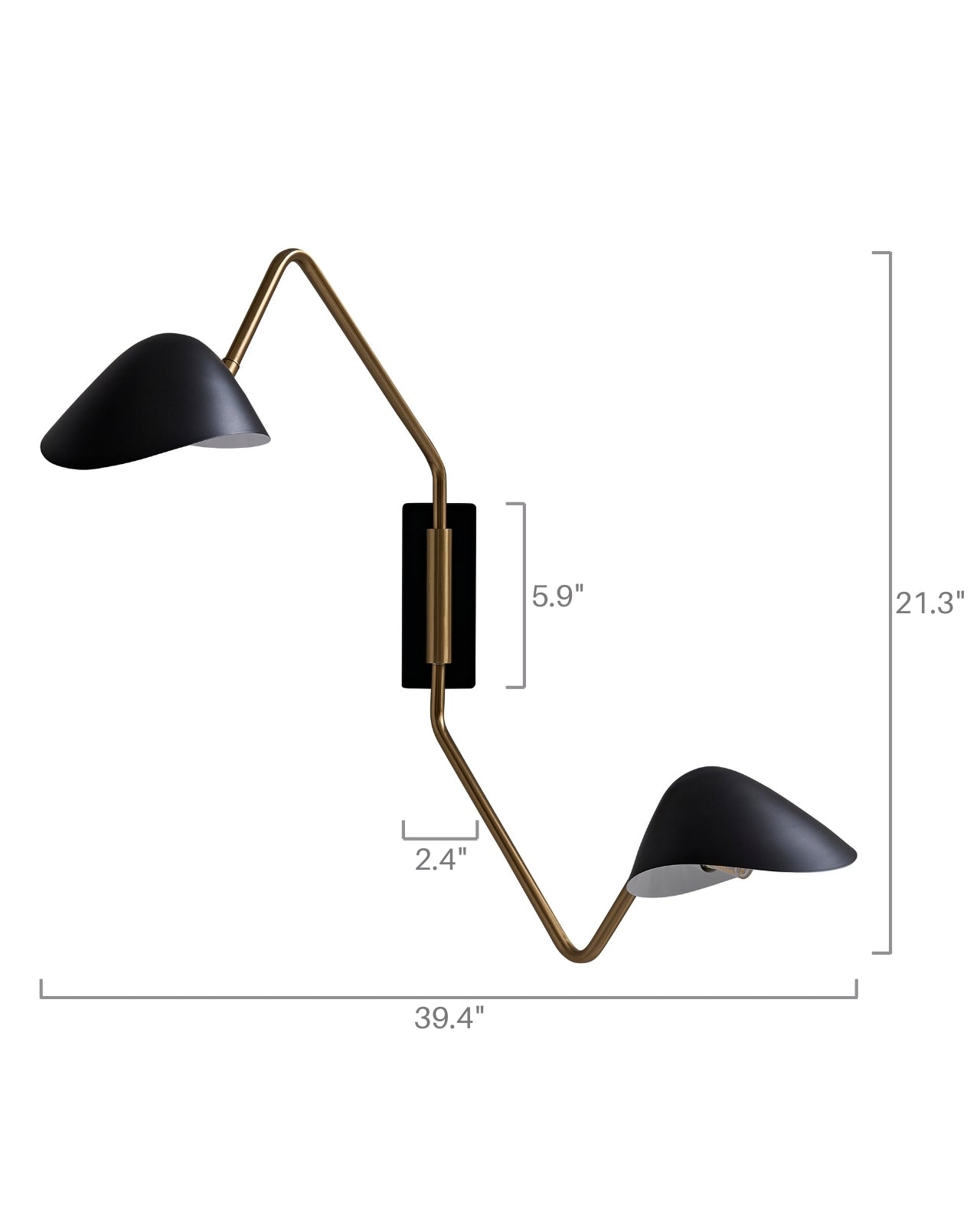 Phineas wall sconce with two black metal shades and a brass arm, shown with dimensions labeled: 39.4 inches wide, 21.3 inches high, and 5.9 inches wall plate height, on a white background.