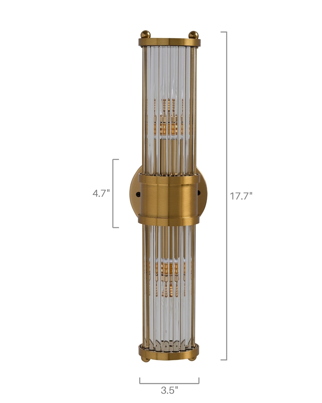 Brimsley II Wall Sconce shown front-facing, featuring a tall vertical brass body with ripple-textured clear glass panels and labeled dimensions for width and height.