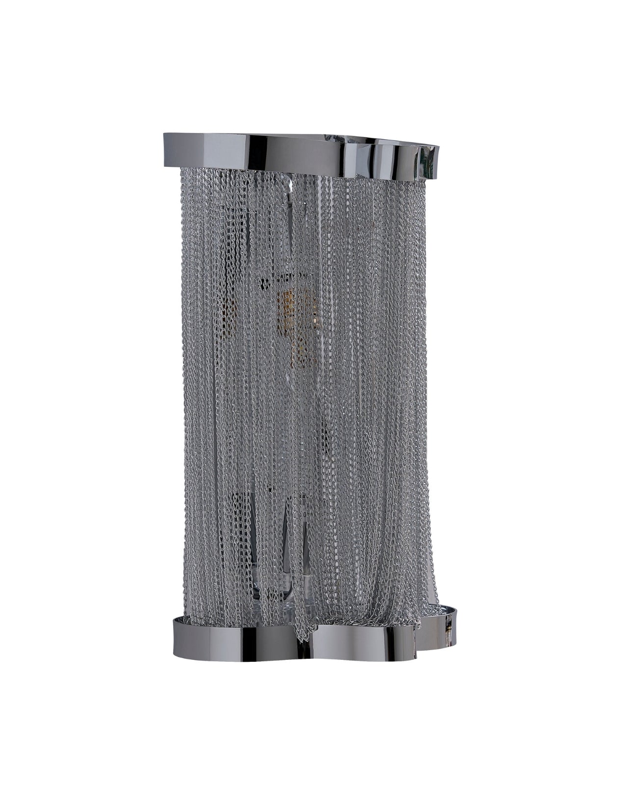 Skulpta Wall Sconce with a polished silver finish, featuring layered cascading metal chains and a sculptural rectangular form shown against a white background.