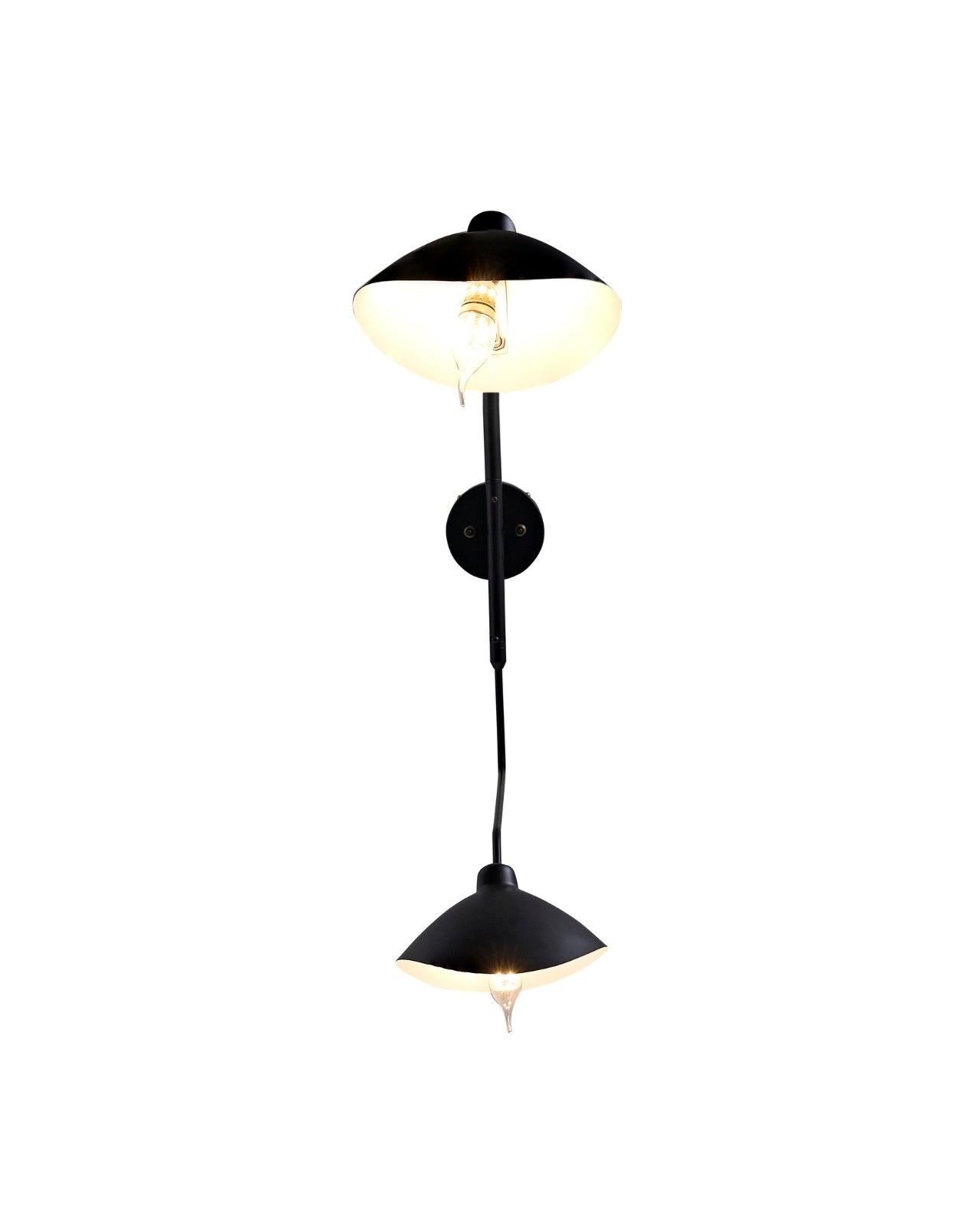 Fleur de Noir Wall Sconce with a matte black finish, featuring an elongated sculptural arm and two opposing dome-shaped shades, shown illuminated against a white background.