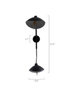 Fleur de Noir Wall Sconce in matte black metal, featuring a vertical elongated stem with two opposing dome-shaped shades, shown with size dimensions on a white background.