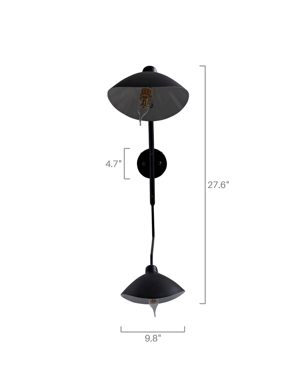Fleur de Noir Wall Sconce in matte black metal, featuring a vertical elongated stem with two opposing dome-shaped shades, shown with size dimensions on a white background.