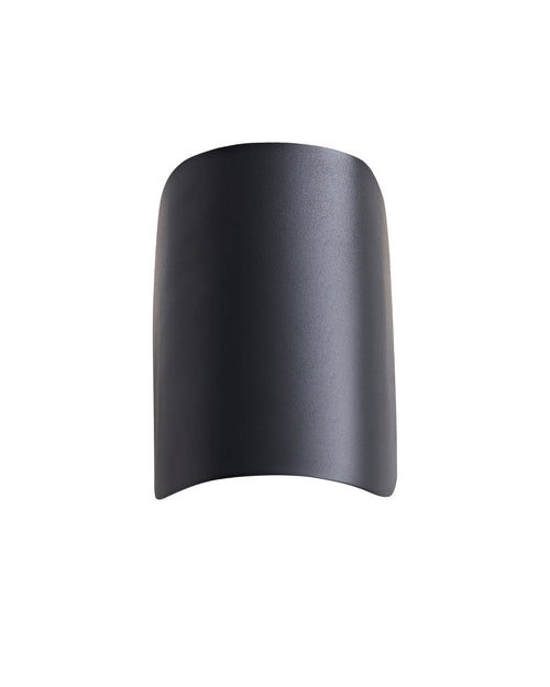 Front view of a curved black metal wall sconce shade.