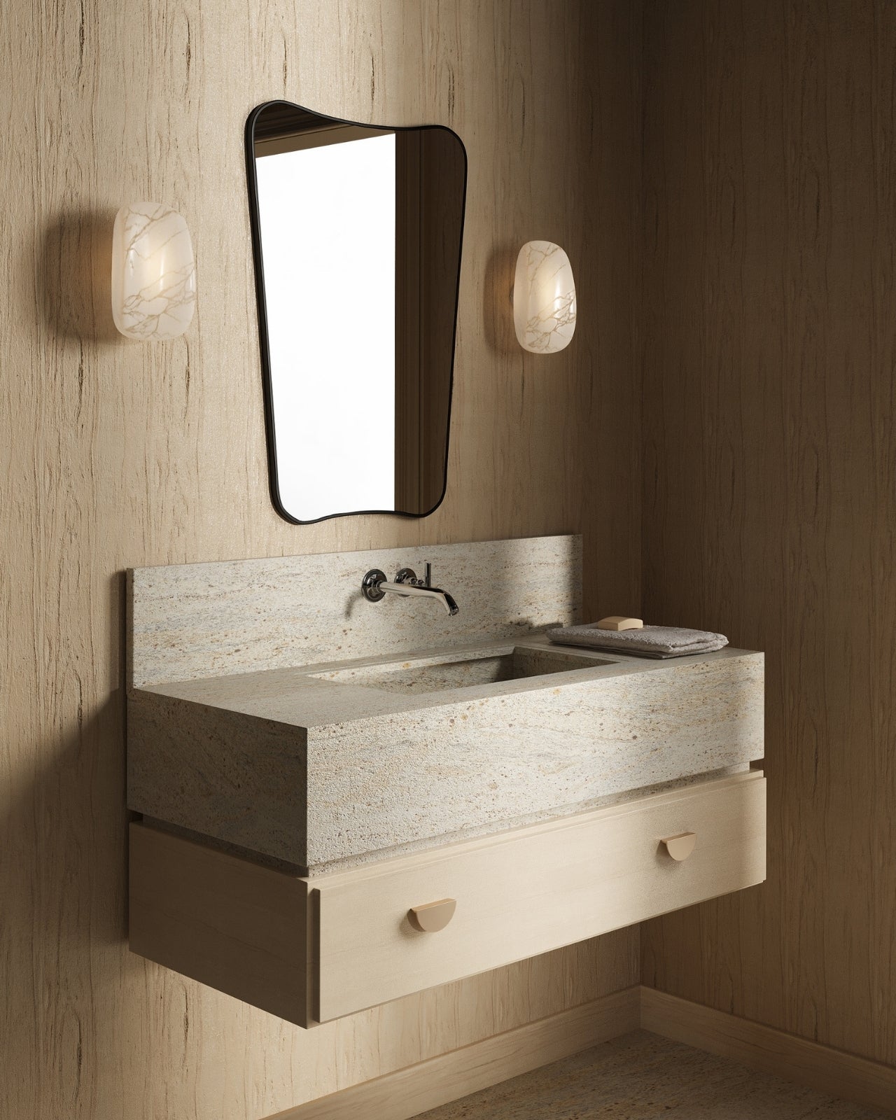 Butterfly-shaped wall mirror with a slim dark frame mounted above a stone vanity sink, flanked by two wall sconces in a neutral-toned bathroom.