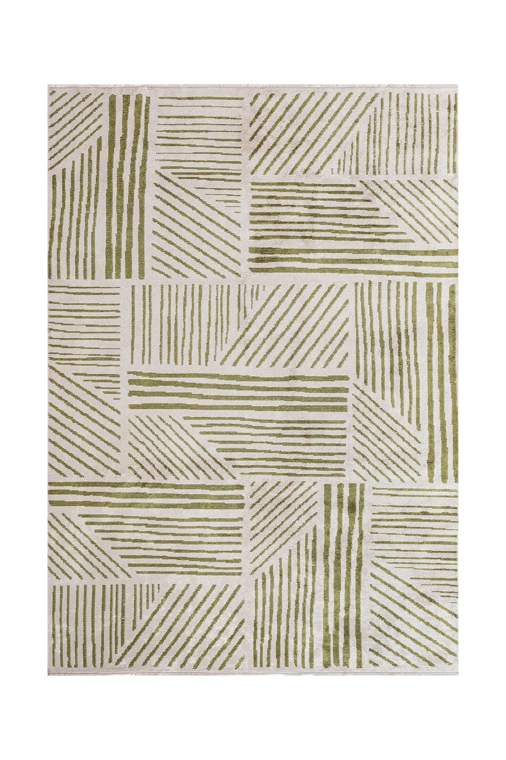 Flat-woven rug with green linear geometric blocks on a beige background.