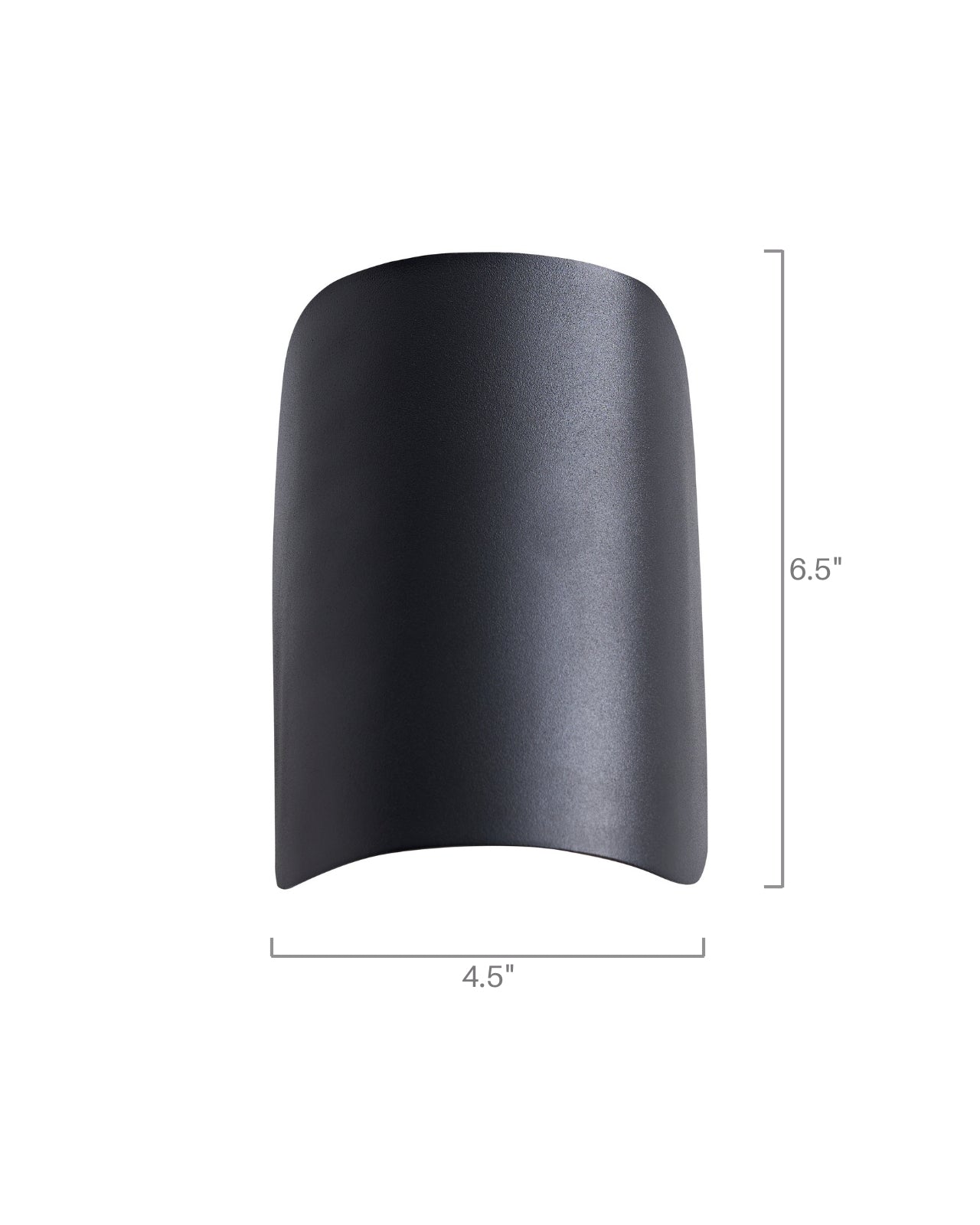 Front view of a curved black metal wall sconce shade, showing dimensions of 6.5 inches high and 4.5 inches wide.