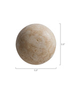 Front view of a spherical wall sconce made of natural travertine stone, showing a diameter of 5.9 inches.