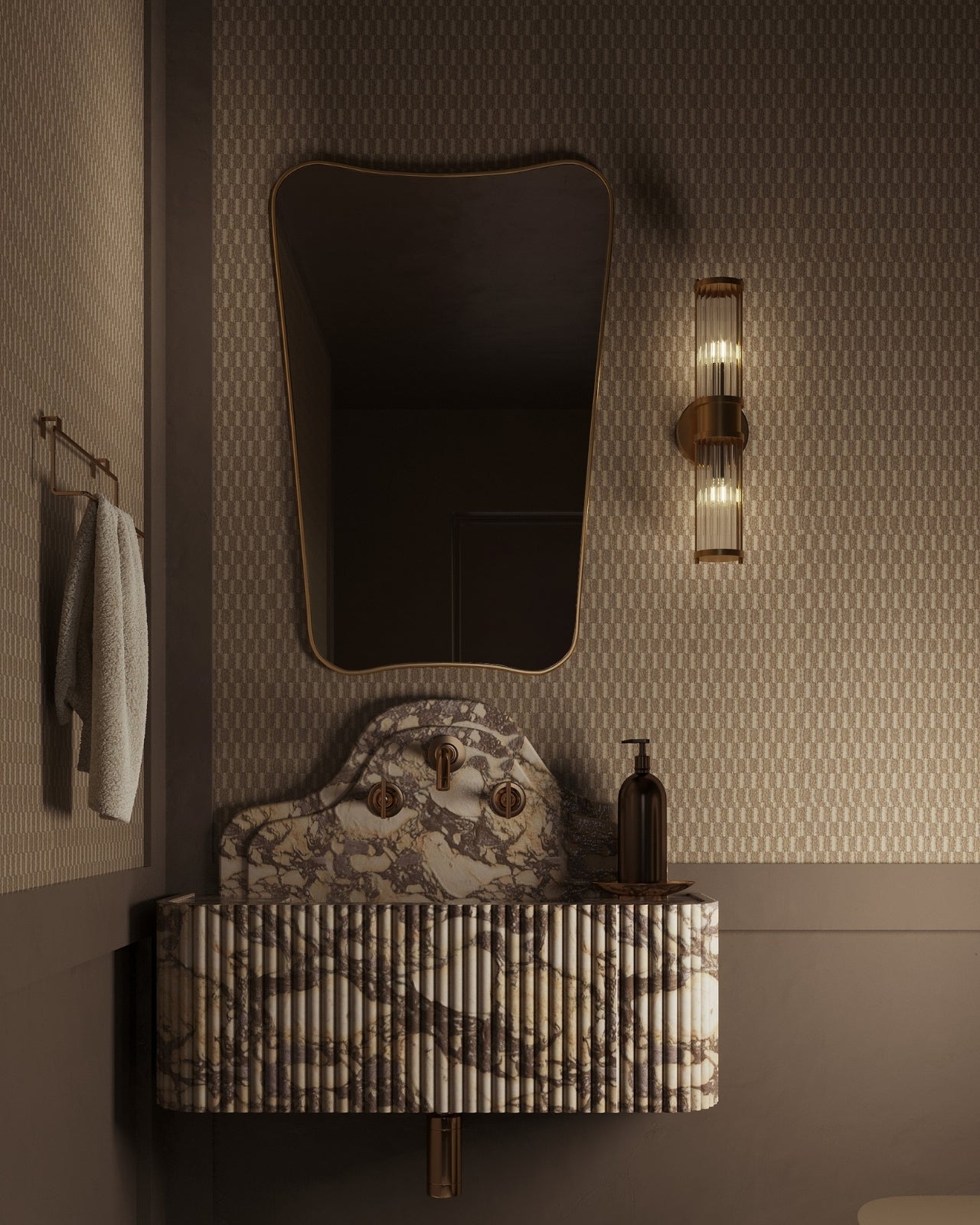 Butterfly Mirror with an irregular, wing-inspired shape mounted above a wall-mounted sink, styled with a vertical wall light, towel hook, and minimal accessories in a softly lit bathroom.
