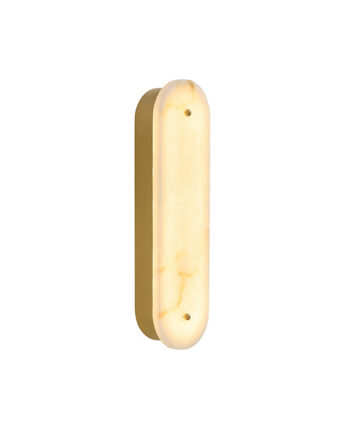 Vertical wall sconce with a brushed brass backplate and rounded marble front panel, softly illuminated.