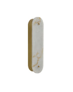 Angled view of a vertical wall sconce featuring a marble front panel and a brushed brass backplate.