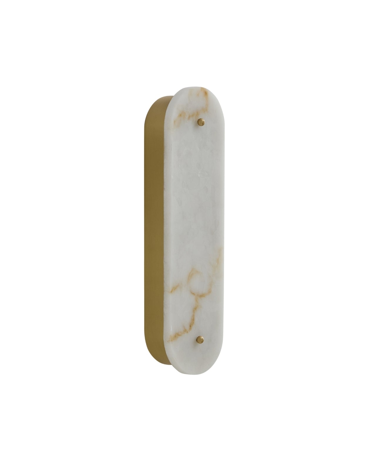 Angled view of a vertical wall sconce featuring a marble front panel and a brushed brass backplate.