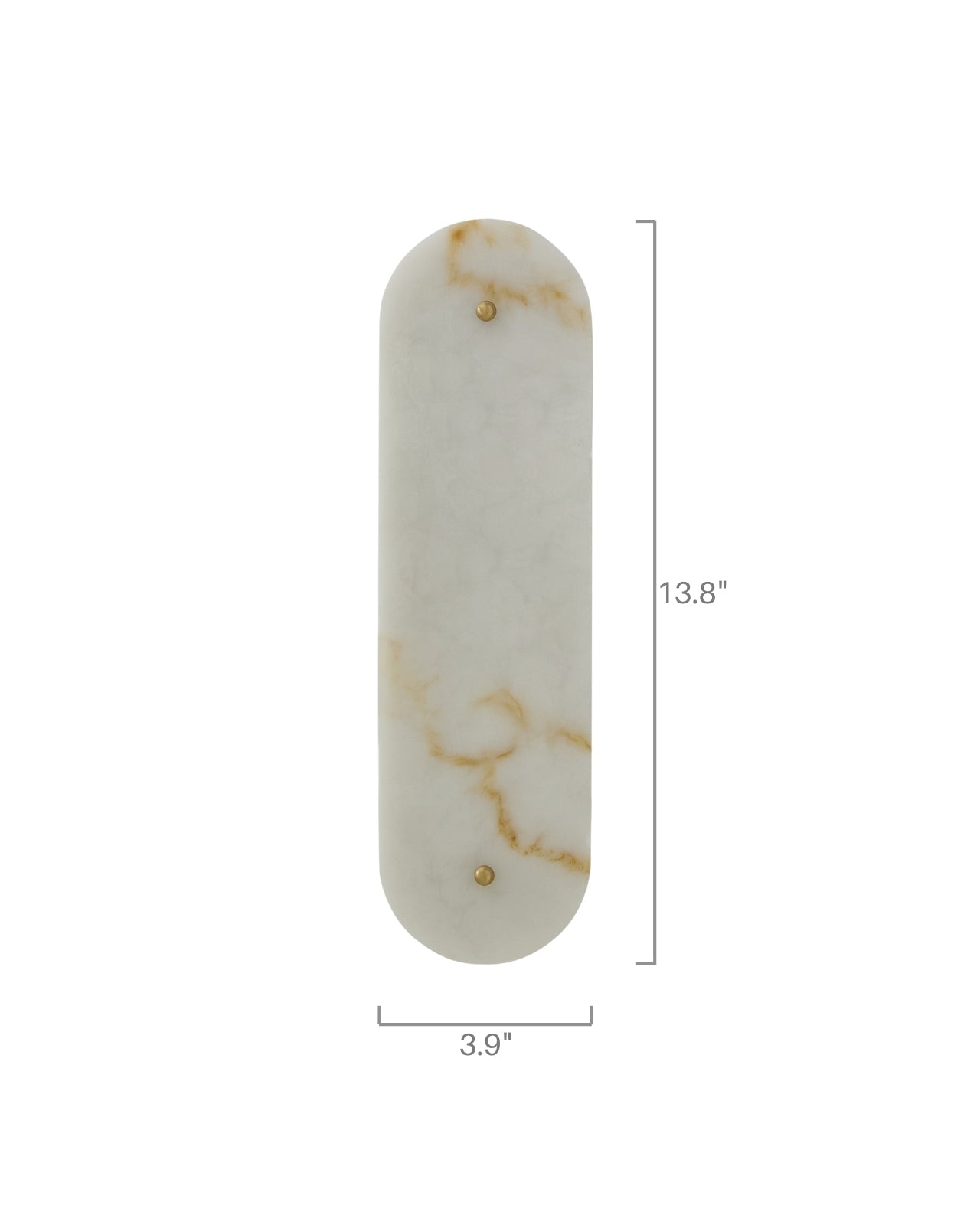 Front view of a vertical marble wall sconce with rounded ends, showing dimensions of 13.8 inches in height and 3.9 inches in width.