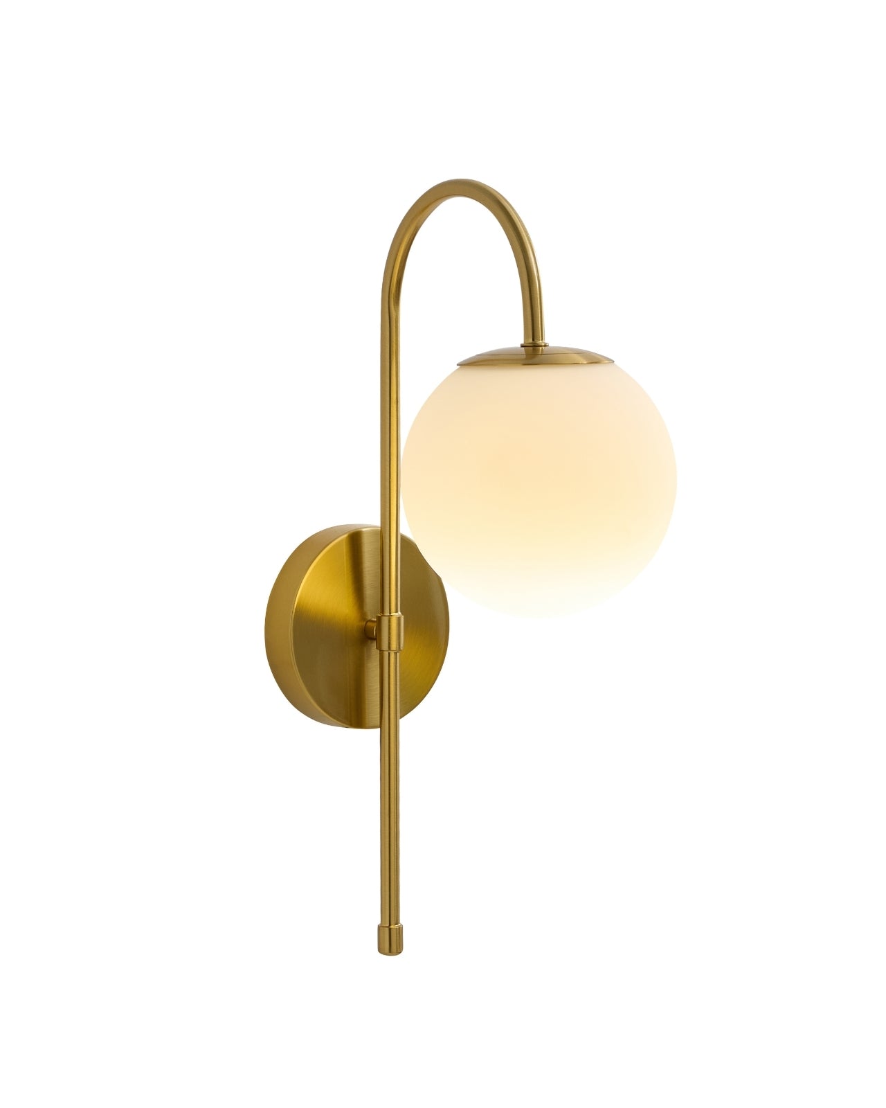 Wall-mounted light fixture made of brass with a curved vertical arm and a spherical opaque white glass shade.