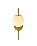 Wall-mounted light fixture with a vertical brass rod, a circular brass wall plate, and a centered spherical opaque white glass shade.