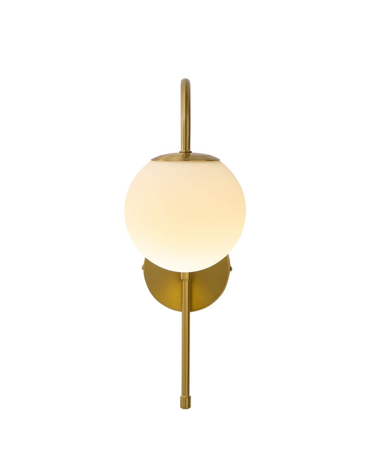 Wall-mounted light fixture with a vertical brass rod, a circular brass wall plate, and a centered spherical opaque white glass shade.