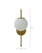 Wall-mounted light fixture with a vertical brass rod, a circular brass wall plate, and a centered spherical opaque white glass shade, shown with overall height and width measurements.
