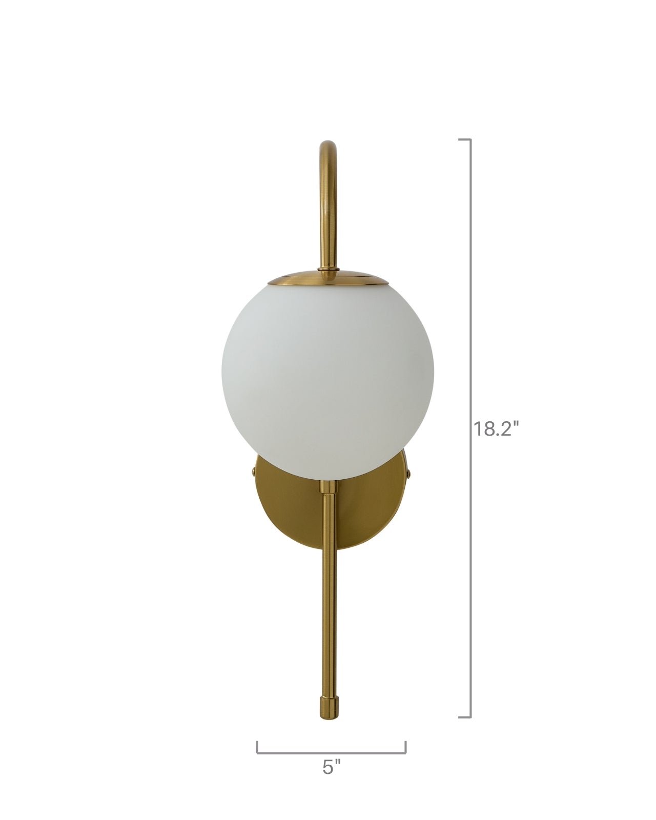 Wall-mounted light fixture with a vertical brass rod, a circular brass wall plate, and a centered spherical opaque white glass shade, shown with overall height and width measurements.