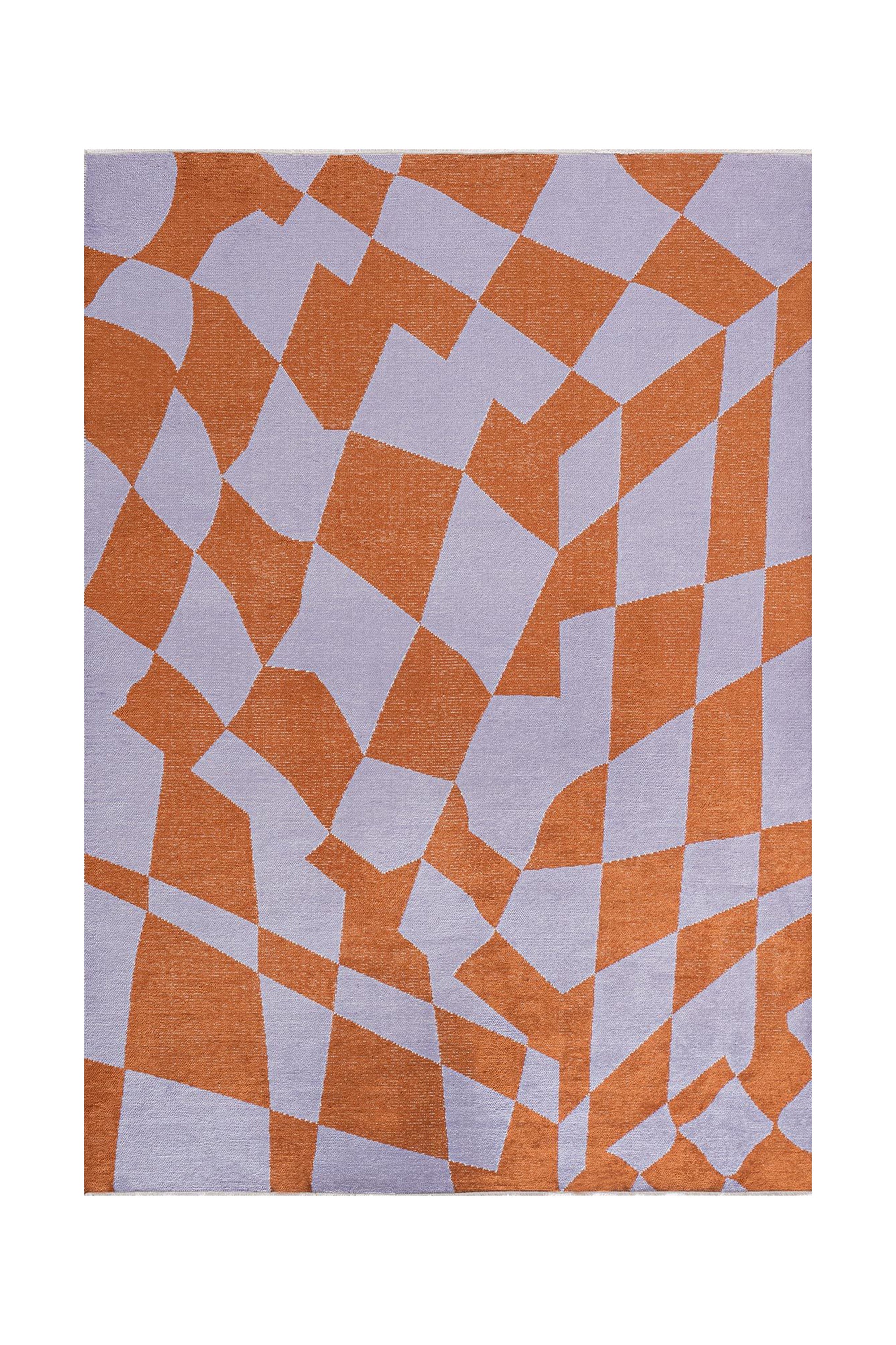 Abstract area rug with geometric shapes in warm rust and soft lavender tones.