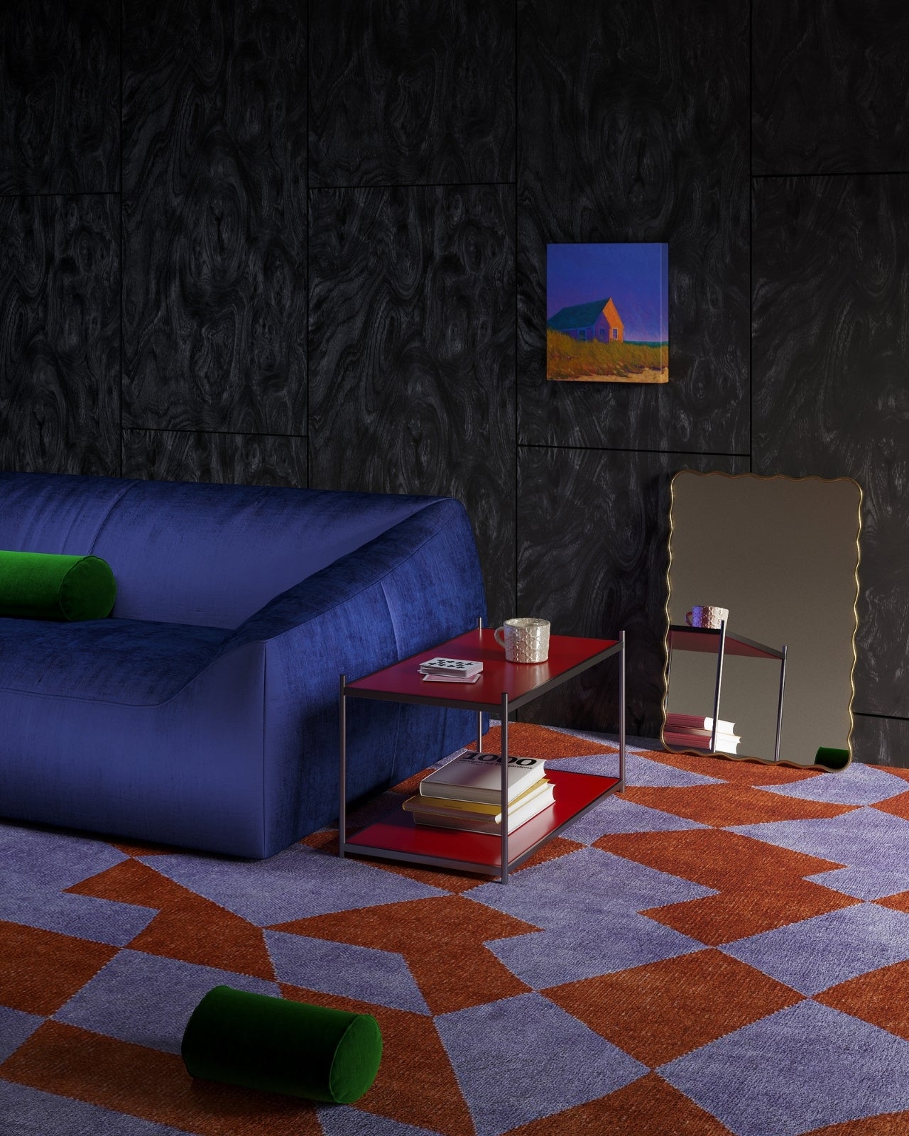 Gold-framed rectangular wall mirror with softly wavy edges, leaning against a wall in a modern living room setting.