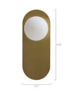Milan wall sconce with brushed brass backplate and round opaque white glass globe, shown with dimensions 4.7 inches wide and 11.8 inches high.