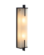 Agatha oversized wall sconce with a tall rectangular alabaster shade framed in black copper, illuminated with warm light and shown front-facing on a white background.