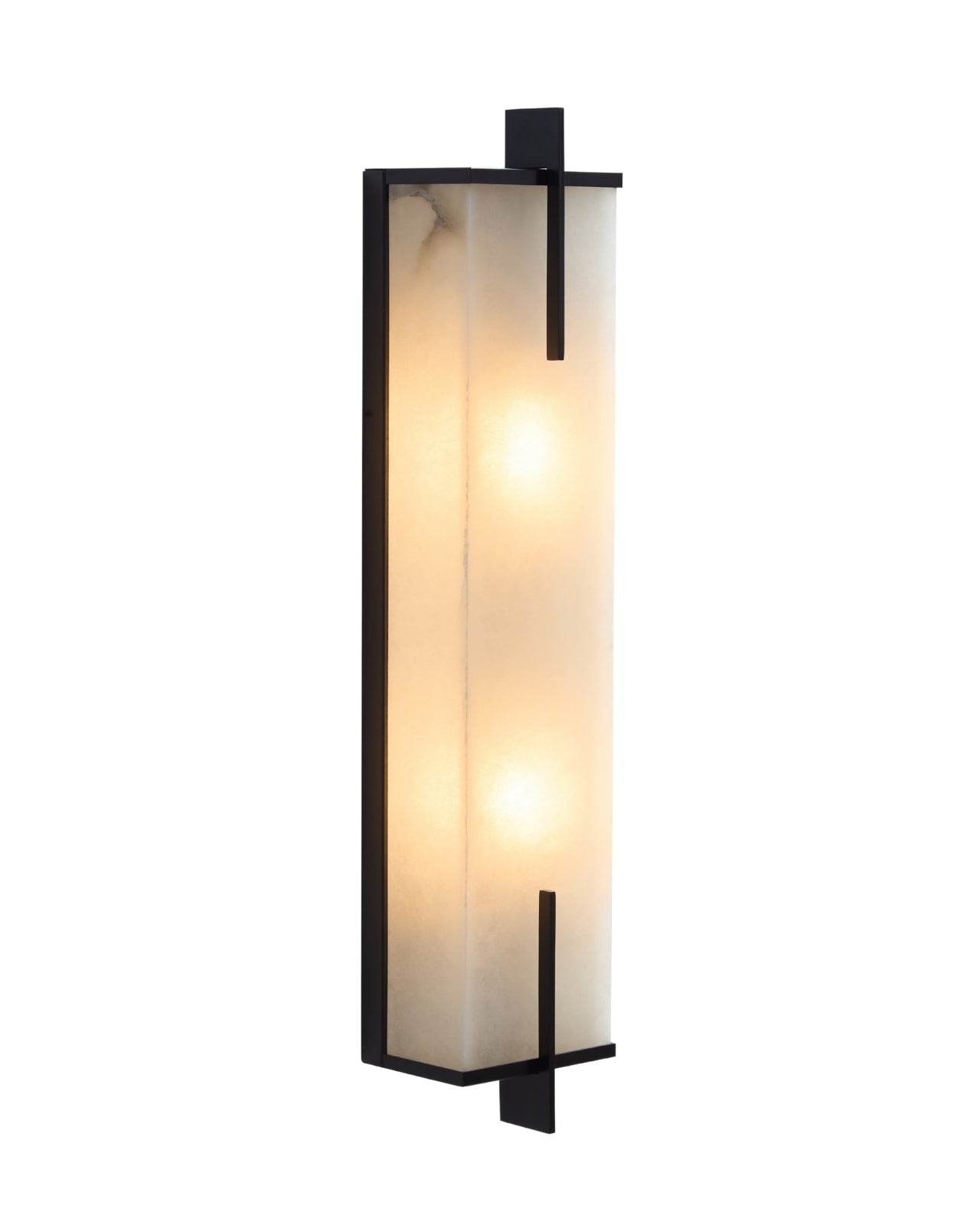 Agatha oversized wall sconce with a tall rectangular alabaster shade framed in black copper, illuminated with warm light and shown front-facing on a white background.