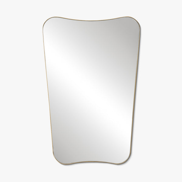 Organic-shaped wall mirror with softly curved edges and a thin brass frame on a white background.