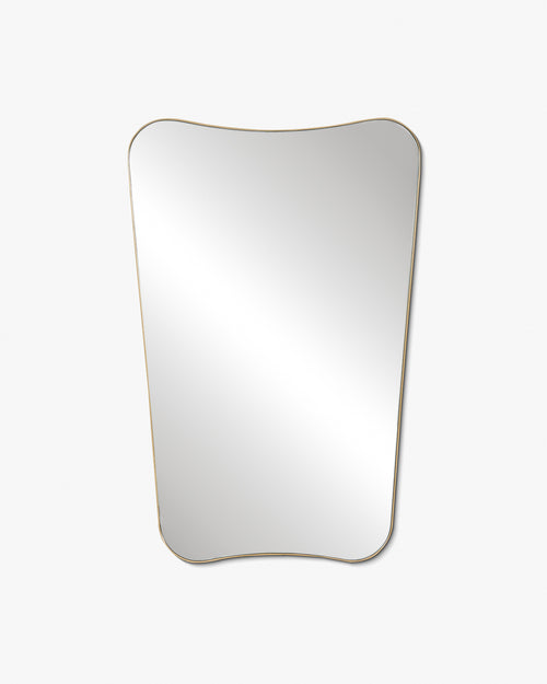 Organic-shaped wall mirror with softly curved edges and a thin brass frame on a white background.