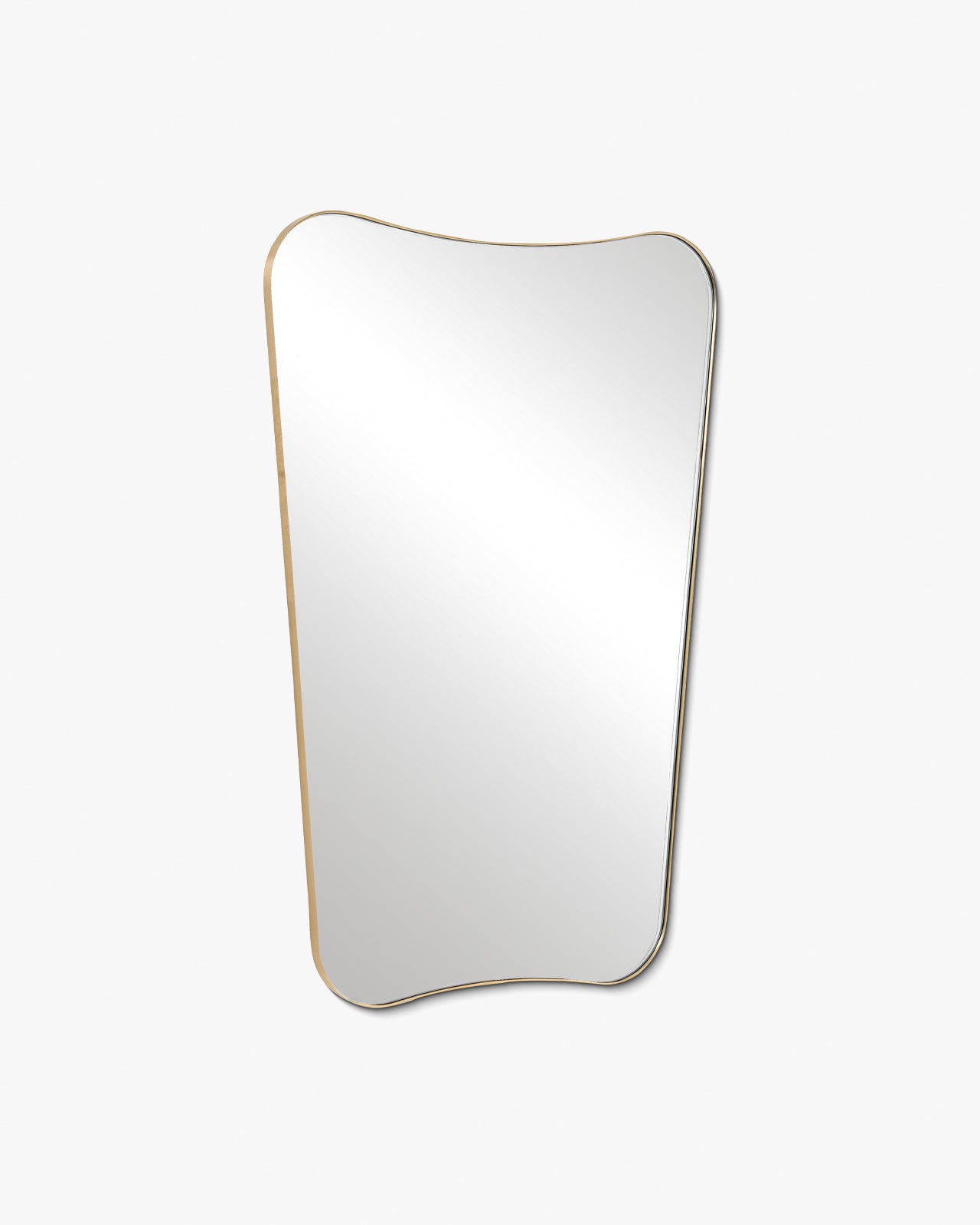 Butterfly-shaped wall mirror with an irregular silhouette and a slim brassy gold metal frame, shown against a white background.