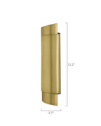 Introvert Wall Sconce in brushed brass, shown in a vertical profile with a curved, layered form measuring 12.2 inches tall.