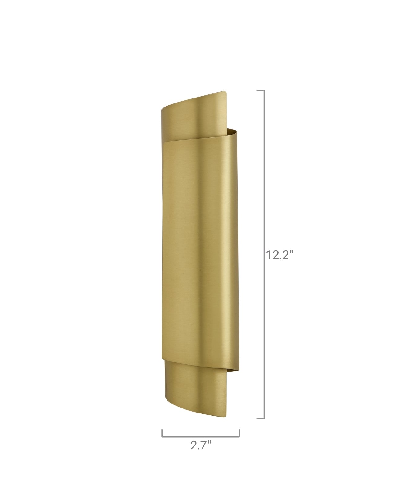 Introvert Wall Sconce in brushed brass, shown in a vertical profile with a curved, layered form measuring 12.2 inches tall.