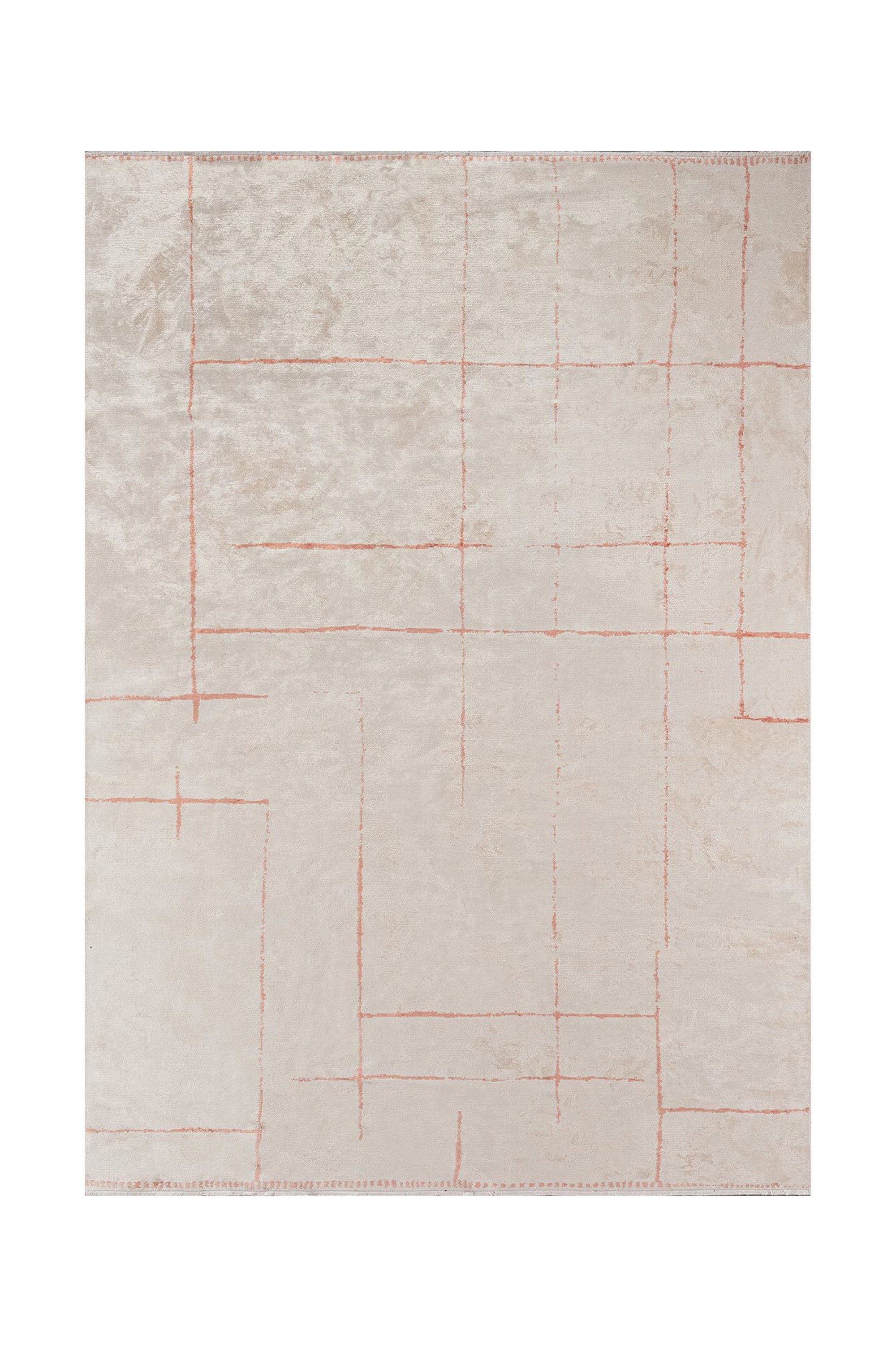 Rectangular area rug in soft beige with subtle blush grid lines.