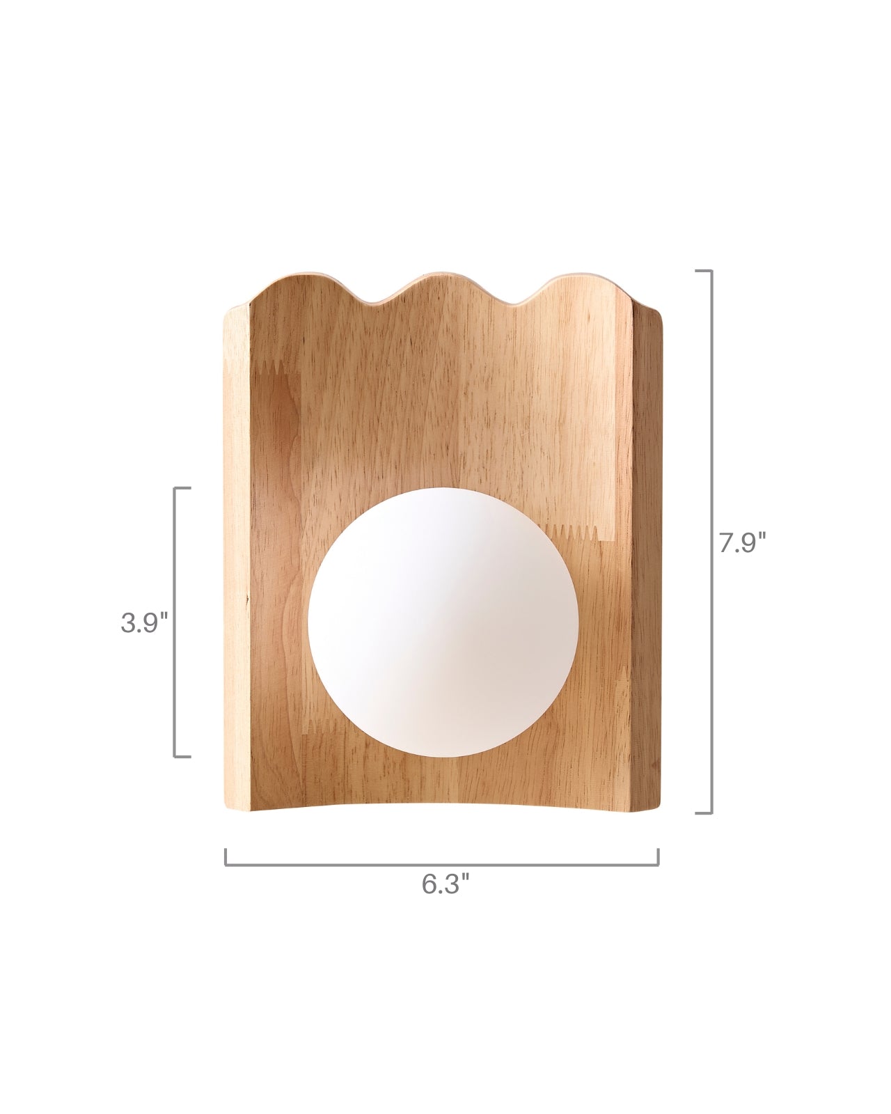 Clemence wall sconce with oak wood backplate and white glass globe, shown with labeled dimensions of 6.3 inches wide and 7.9 inches high.