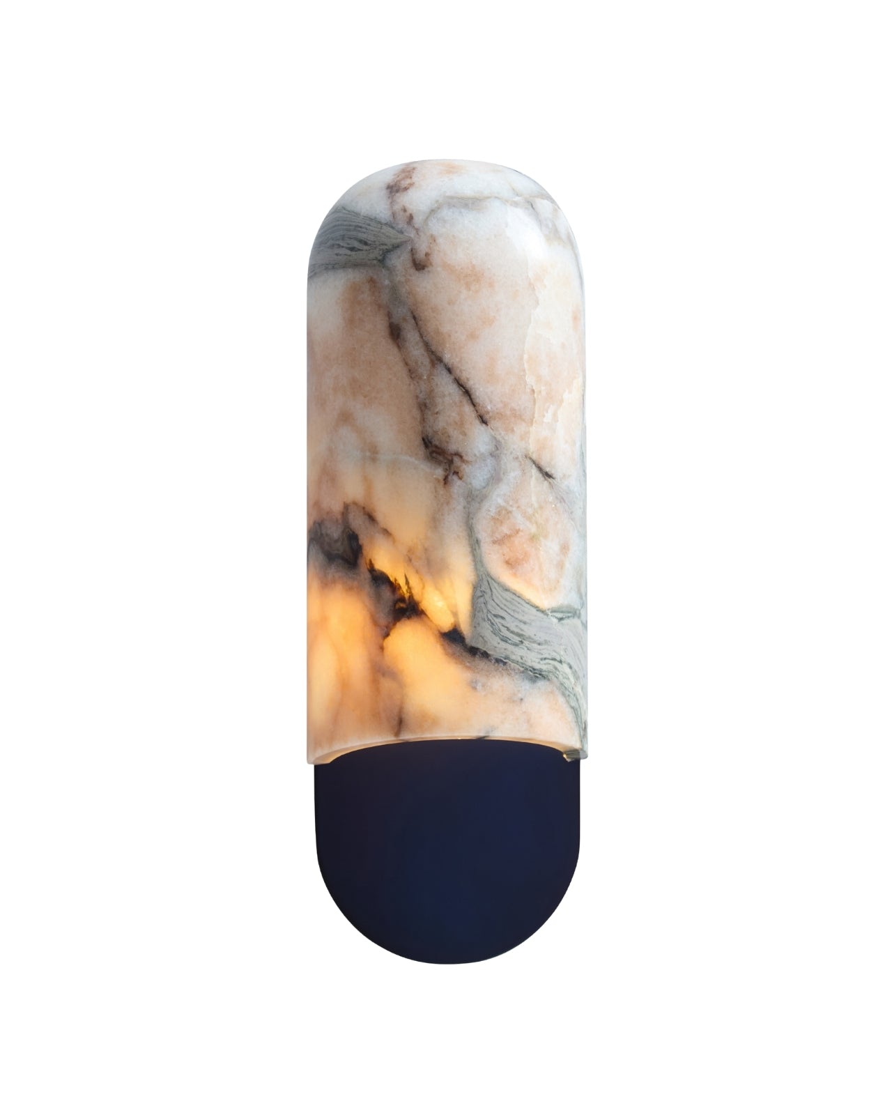 Vertical marble wall sconce with natural veining and warm internal light, mounted on a rounded gunblack metal base, isolated on a white background.