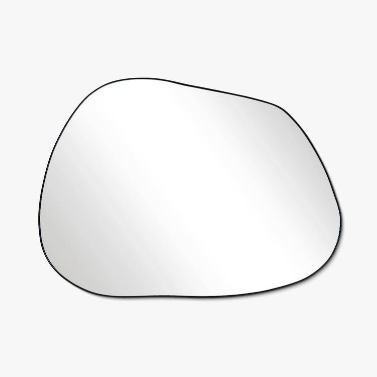 Horizontal asymmetrical wall mirror with an organic shape and thin black frame on a white background.