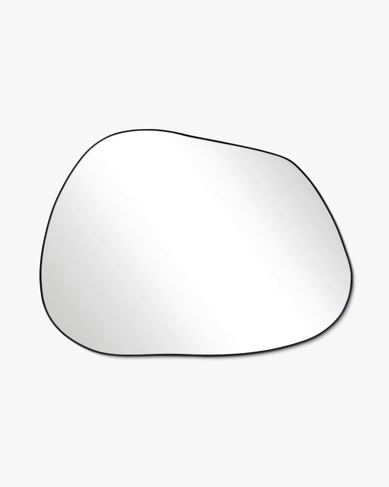 Horizontal asymmetrical wall mirror with an organic shape and thin black frame on a white background.