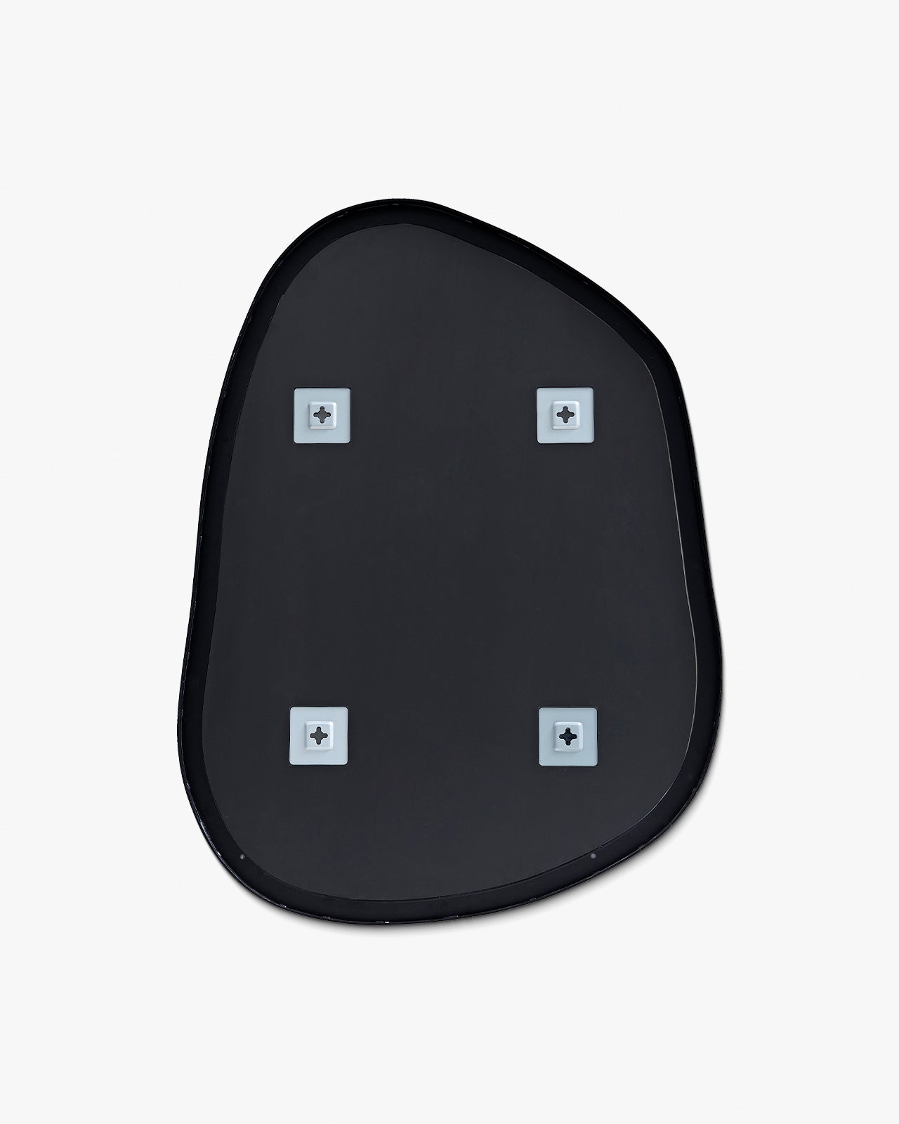 Asymmetrical wall mirror back view showing four mounting brackets for wall installation on a white background.