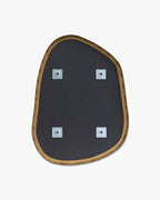 Back view of an asymmetrical mirror showing rear mounting brackets and brass-colored frame.