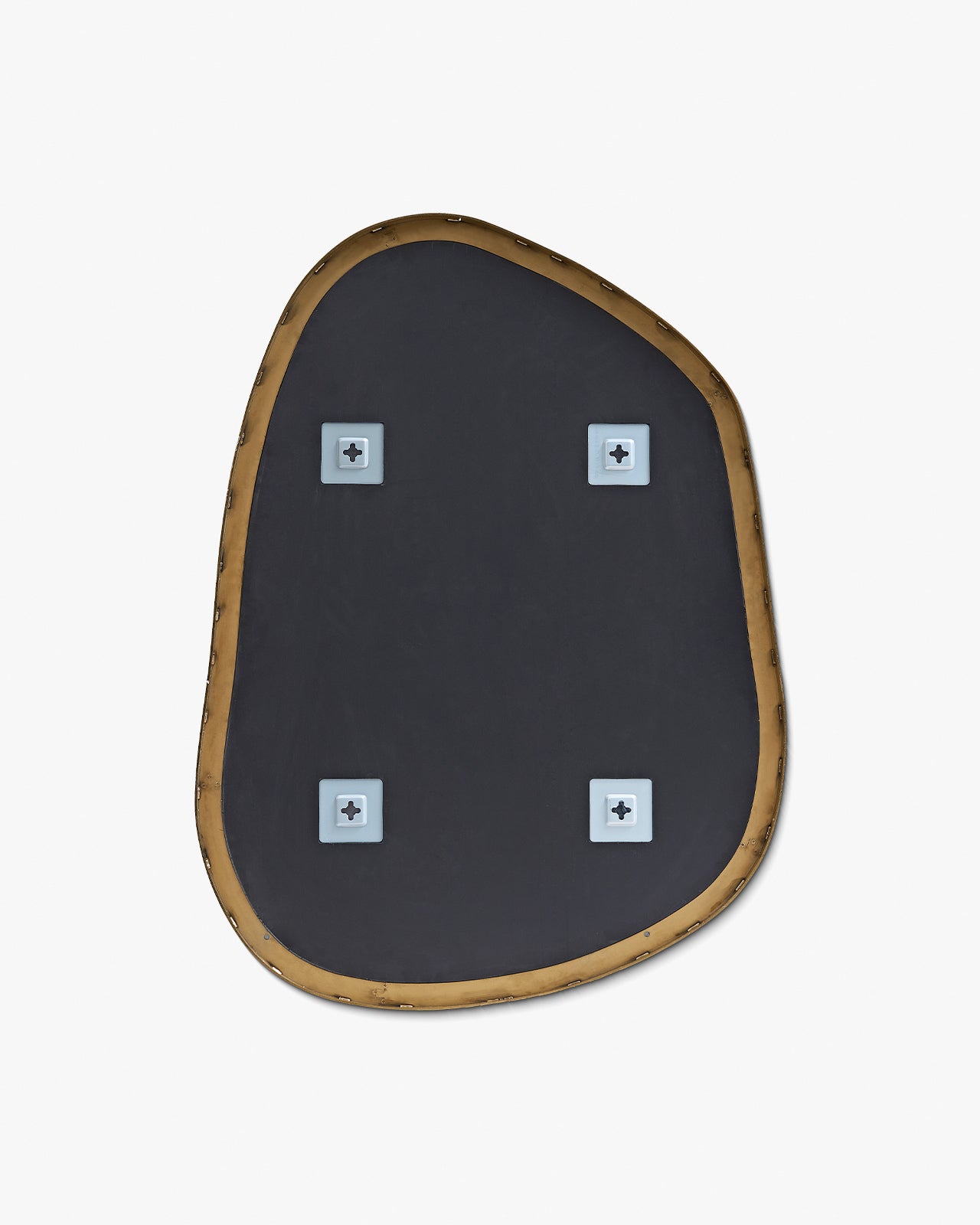 Back view of an asymmetrical mirror showing rear mounting brackets and brass-colored frame.