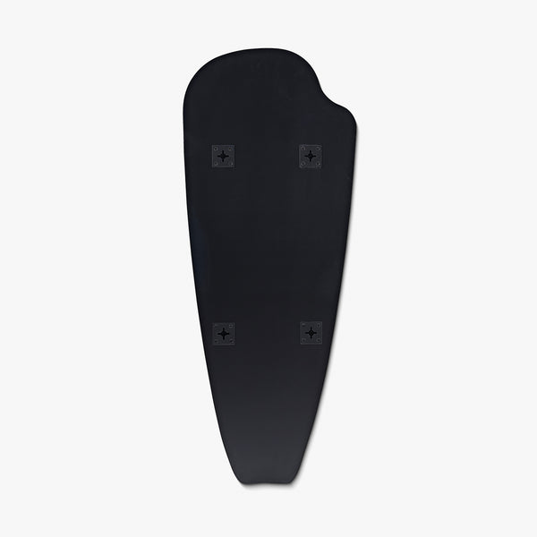 Back view of a frameless elongated wall mirror with an organic pebble-inspired shape, showing wall mounting hardware on a white background.