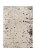 Flat-woven rug with a light beige surface and scattered black distressed pattern.