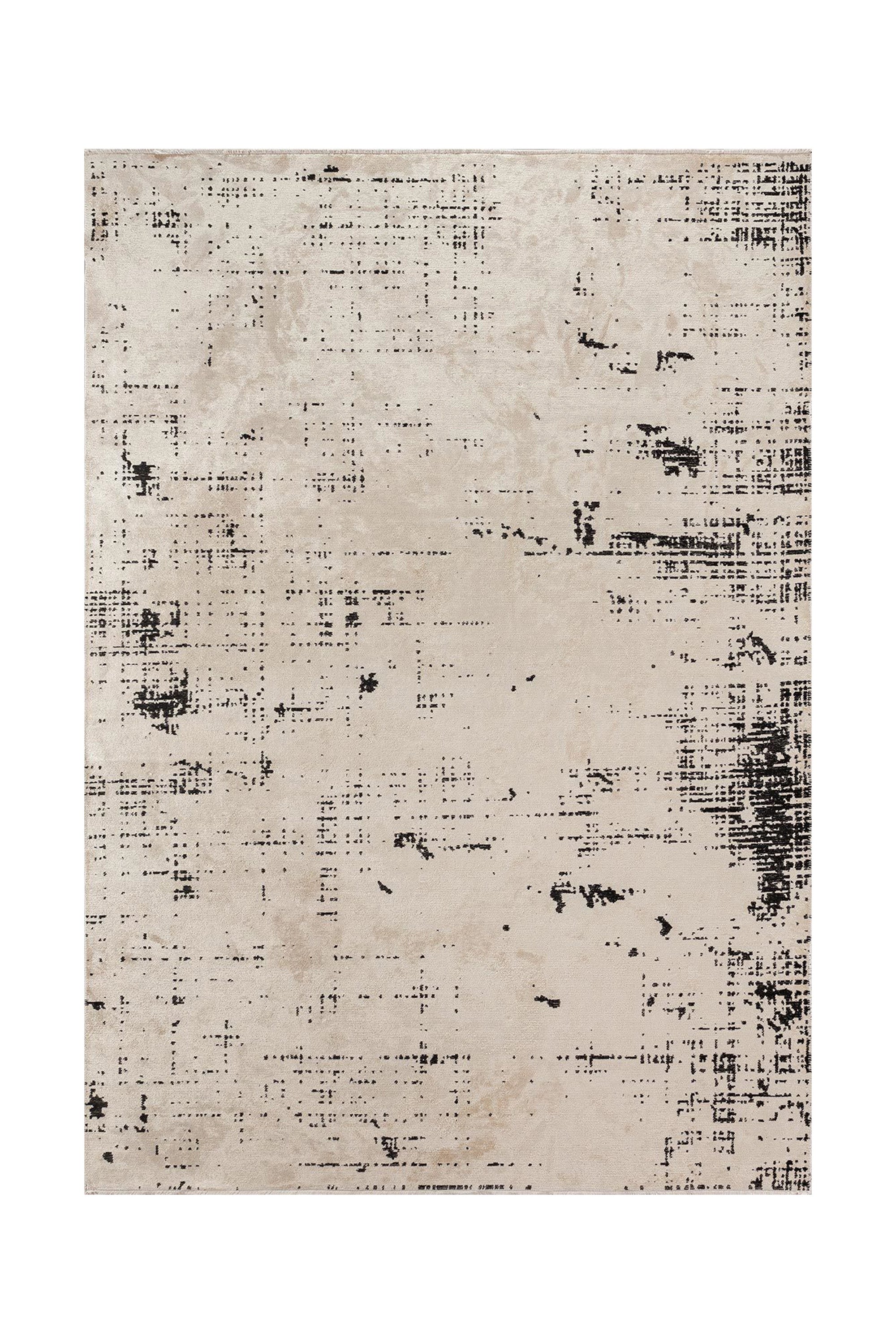 Flat-woven rug with a light beige surface and scattered black distressed pattern.