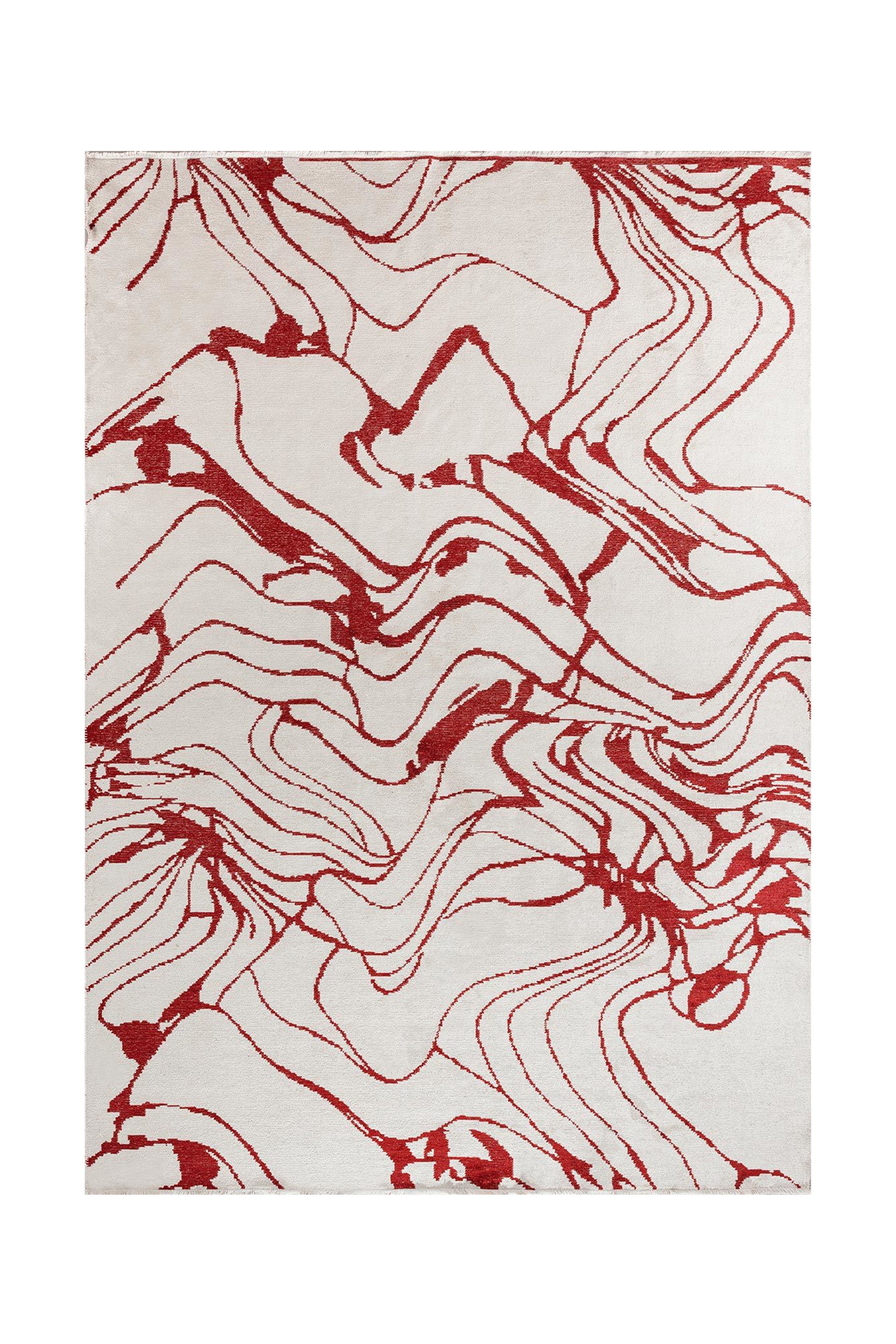 Cream rug with red abstract line pattern.