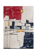 Abstract flat-woven rug with geometric blocks in red, blue, yellow and cream.