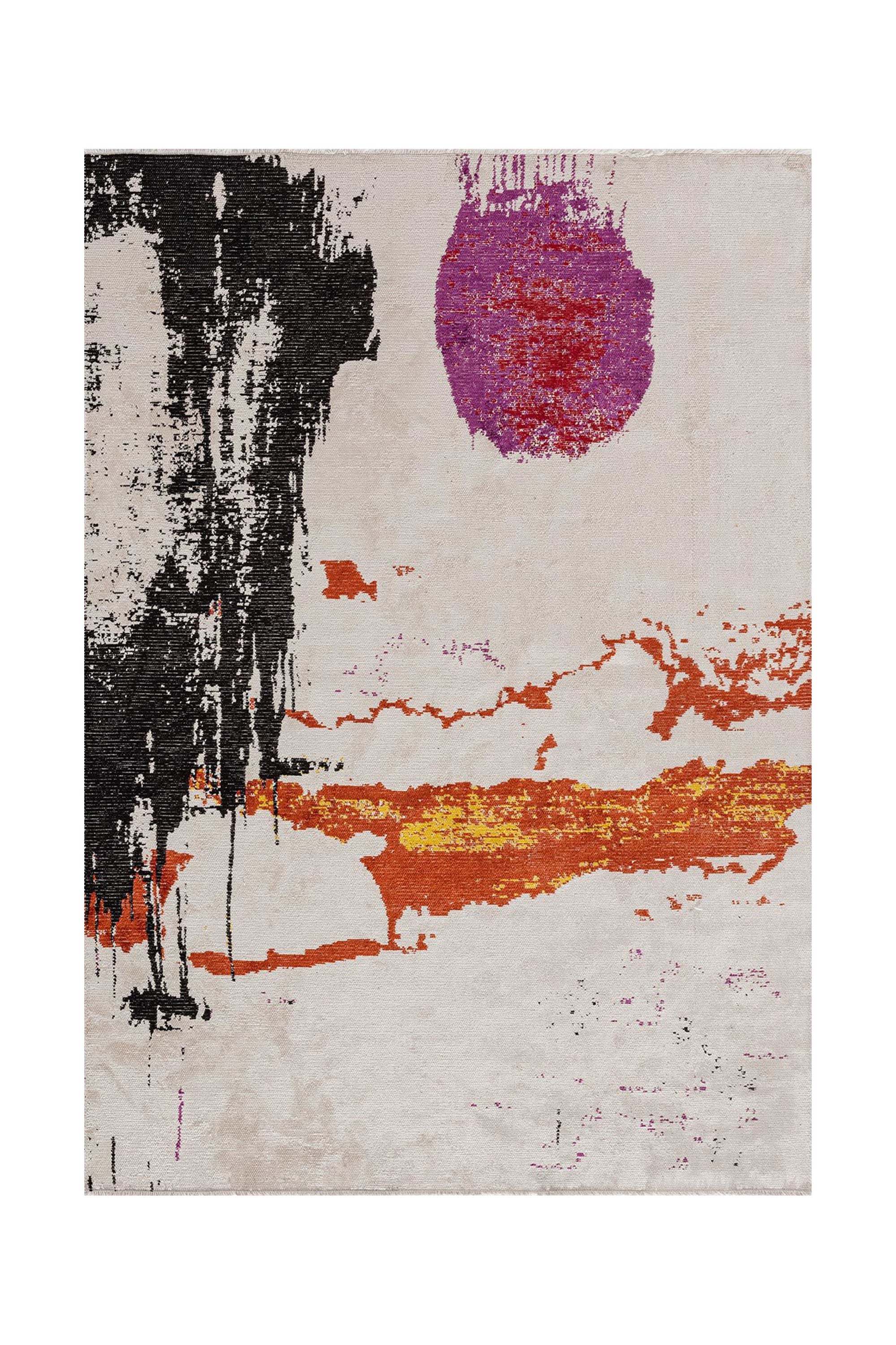 Front view of abstract flat-woven rug with multicolor pattern.