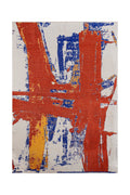 Abstract flat-woven rug with bold multicolor design.