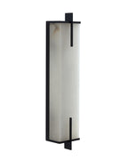 Agatha oversized wall sconce with a tall rectangular alabaster shade and black metal frame, shown unlit against a white background.