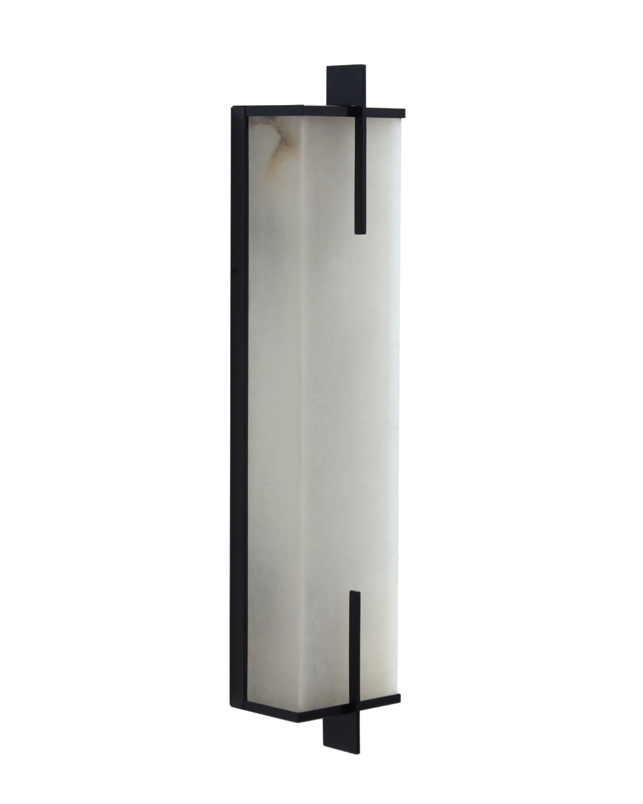 Agatha oversized wall sconce with a tall rectangular alabaster shade and black metal frame, shown unlit against a white background.