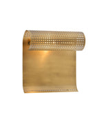 Wall-mounted light fixture with a perforated cylindrical metal shade attached to a curved rectangular brass backplate.