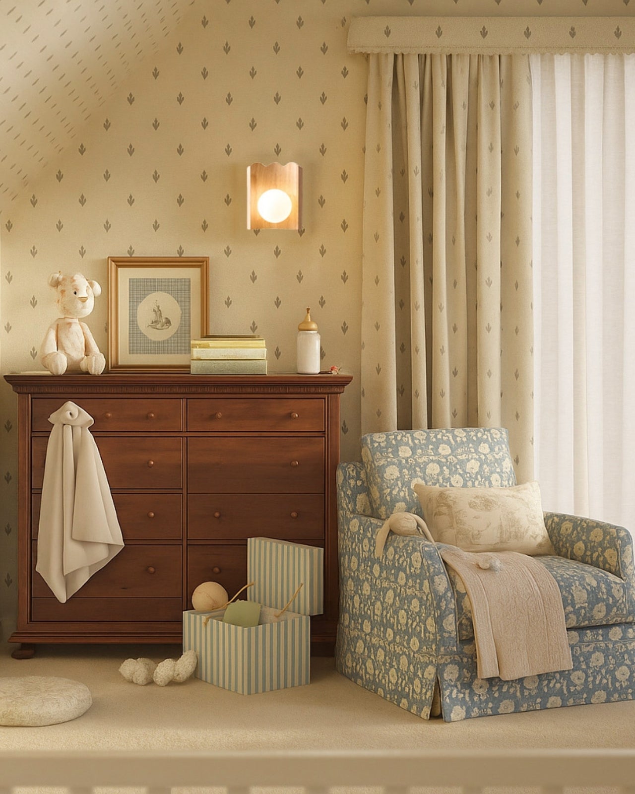 Nursery corner featuring an oak wood wall sconce with a round white glass globe mounted above a wooden dresser.